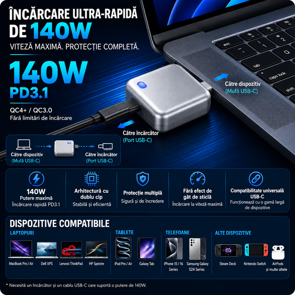 Încărcător Rapid USB-C cu Oprire Automată